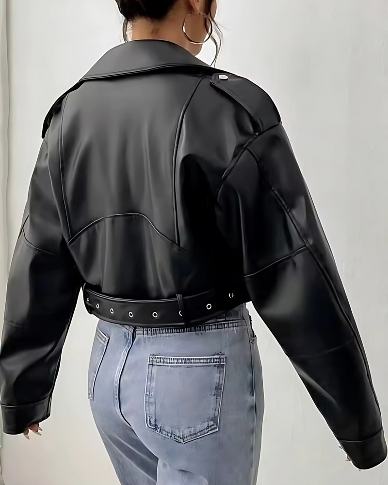 Jaqueta Lazarelle de Couro, Estilo Rocker com Cinto de Fivela e Zíper
