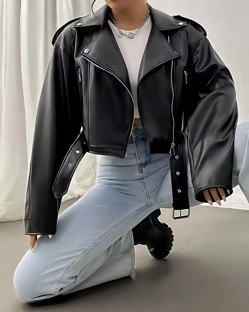 Jaqueta Lazarelle de Couro, Estilo Rocker com Cinto de Fivela e Zíper