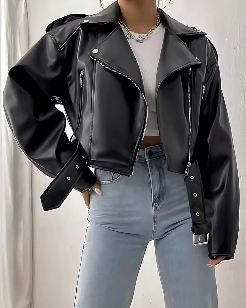 Jaqueta Lazarelle de Couro, Estilo Rocker com Cinto de Fivela e Zíper