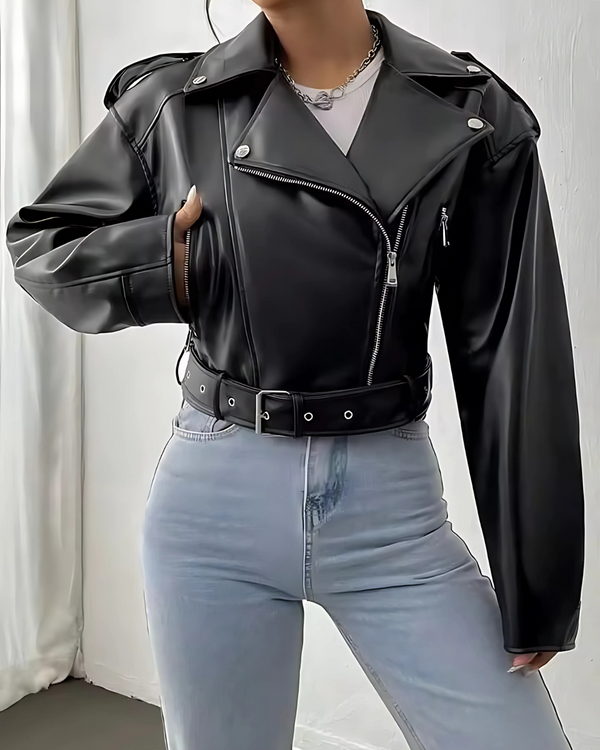 Jaqueta Lazarelle de Couro, Estilo Rocker com Cinto de Fivela e Zíper