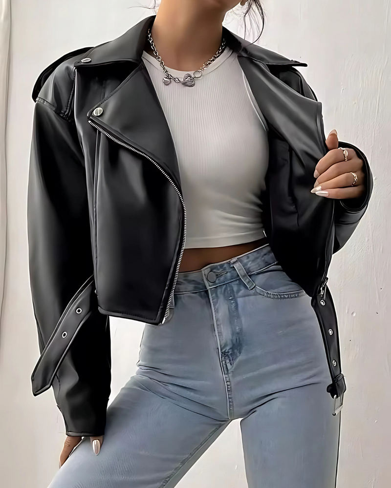Jaqueta Lazarelle de Couro, Estilo Rocker com Cinto de Fivela e Zíper